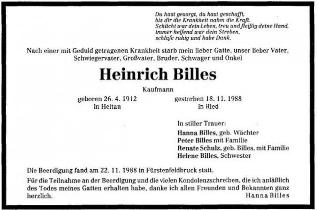 Billes Heinrich 1912-1988 Todesanzeige